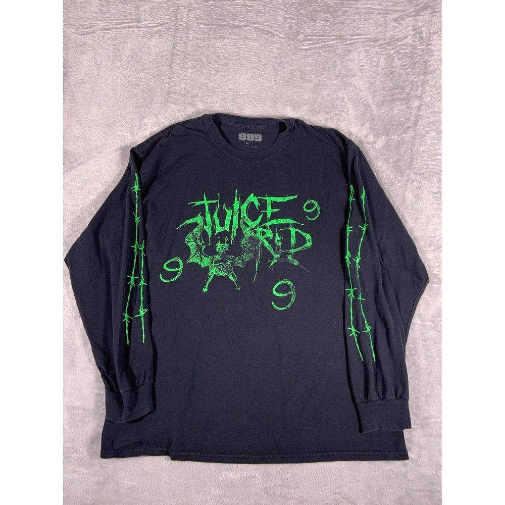 999 Juice Wrld Bat T-Shirt Mens XL Black Crew Neck Long Sleeve Barbed-wire